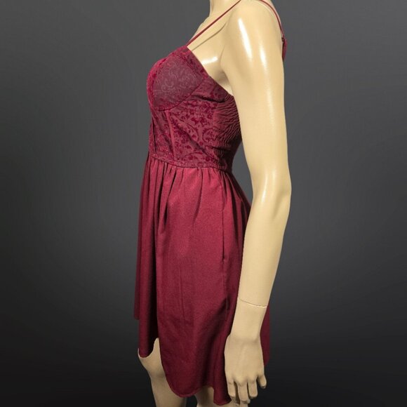 Y2K Fit Flare Whimsigoth Dress M Burgundy Flocked Velvet Corset Mini Pockets - Picture 5 of 10